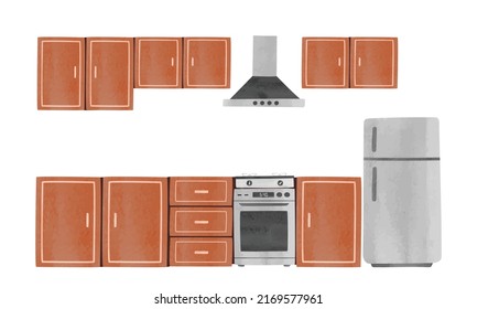 Empty kitchen cabinet watercolor vector isolated on white background. Cabinets, kitchen hood, refrigerator. Kitchen cabinet clipart cartoon hand drawn. Kitchen doodle drawing