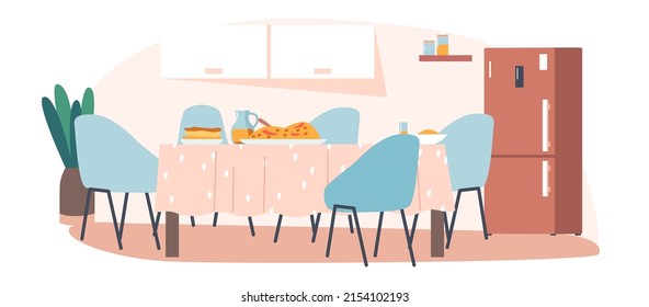 Empty Kitchen Interior With Wooden Table Covered with Tablecloth, Utensils, Food and Chairs Stand around front of Large Window, Home Room with Furniture and Refrigerator. Cartoon Vector Illustration