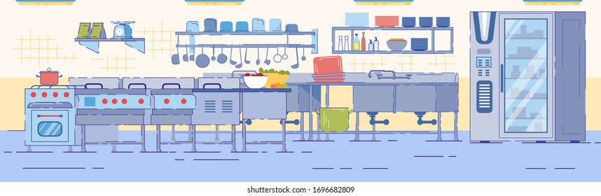 Empty Kitchen Room in Restaurant or Cafe. Modern Design with Metal Stove, Industrial Refrigerator, Sink, Kitchenware Vector Illustration. Food Preparation Process. Catering Business