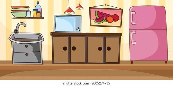 Empty Kitchen Room Scene With Kitchen Elements Illustration