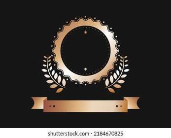 Empty Label Or Badge With Laurel Wreath And Ribbon On Black Background.