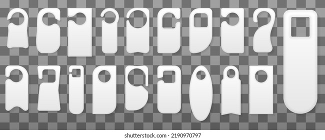 Empty label hanger on the door of a hotel room. Set of door hangers isolated on transparent background.  Art design empty blank mockup. Vector illustration, eps 10.