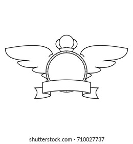 Empty Label with a Ribbon and Wings on a White Background, Black Badges without Text, Banner at Linear Style, Vector Illustration 