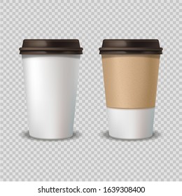 Empty label white paper coffee cup, Set of plastic containers of coffee. Isolated mock up in a transparent background. Stock vector illustration.