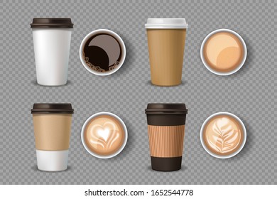 Empty label white paper coffee cup takeaway , Set of plastic containers  or paper cups of coffee. Top view white coffee cup with cappuccino americano espresso latte. Mockup in a transparent background