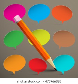 Empty Labels Set. Colorful Paper Oval Speech Bubbles and Pencil.