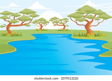 Empty lake. Wide and beautiful natural scenery, lake view in nature at sunrise vector illustration
