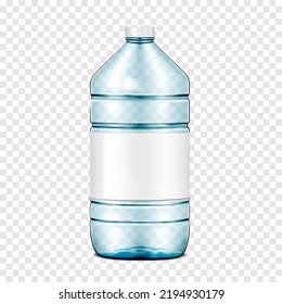 Empty Large Clear Blue Plastic Water Bottle With White Screw Cap And Blank Label On Transparent Background Realistic Vector Mockup. Template For Design