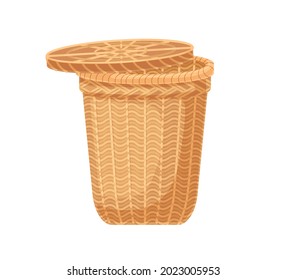 Empty laundry basket with lid. Tall wicker container with cover made from rattan. Realistic flat vector illustration of modern natural basketwork isolated on white background