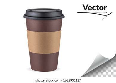 Empty layout for the design. Brown paper with a black plastic cover. Takeaway coffee Cup. Front view.
