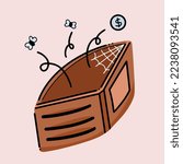 Empty leather chocolate or brown colored wallet with spider web and fly flying out of it. Vector illustration drawing with cartoon comic simple flat art style isolated on plain light brown background.