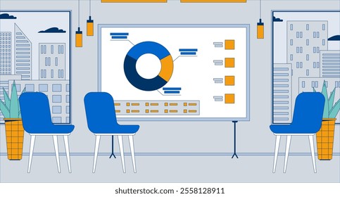 Empty lecture room charts presentation board flat illustration. Office chairs around whiteboard indoors 2D interior cartoon background. Analytics corporate diagram infographics scene vector image