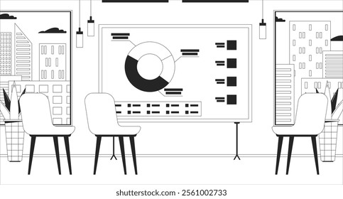 Empty lecture room charts presentation board black and white line illustration. Office chairs around whiteboard indoors 2D interior monochrome backdrop. Analytics corporate diagram outline vector