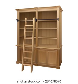 Empty Library Bookcase With Traditional Ladder