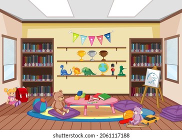 Diseño interior de biblioteca vacío con ilustración de estanterías