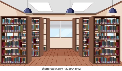 Empty library interior design with bookshelves illustration