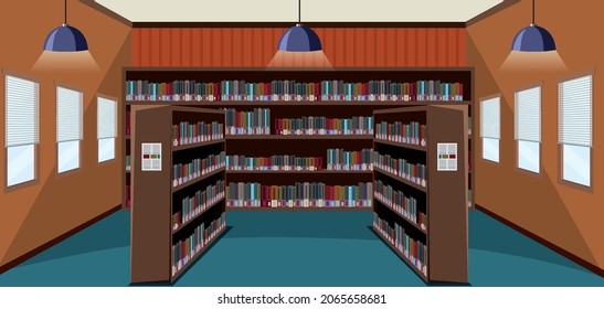 Empty library interior design with bookshelves illustration