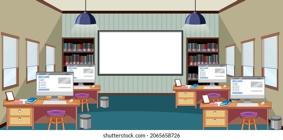 Diseño interior de biblioteca vacío con ilustración de estanterías