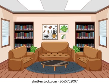 Empty library interior design with bookshelves illustration