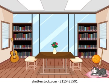 Empty library interior design with bookshelves illustration