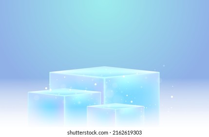 Empty light blue podium or pedestal. Three box stand for product display. Vector template. Abstract product background.