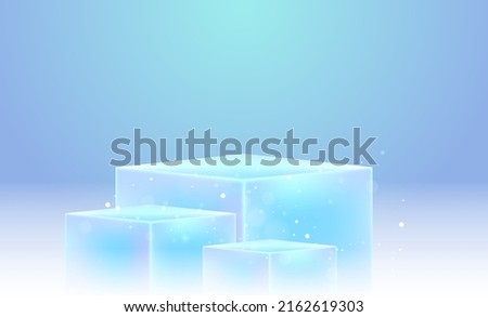 Empty light blue podium or pedestal. Three box stand for product display. Vector template. Abstract product background.