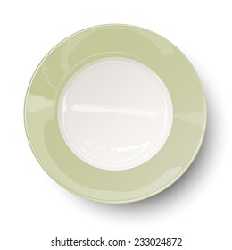 Empty light olive green plate with reflections isolated on white background