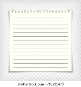 Empty lined note book page with torn edge. Paper piece with lines. Notepaper mockup. Graphic design element for text, advertisement, doodle, sketch, scrapbooking. Realistic vector illustration