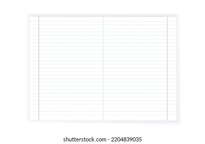 Empty lined paper page realistic note mockup for school. Blank clean notebook in a4, a3 or a2 format. White sheet document for education. Shadow on gray background vector illustration.