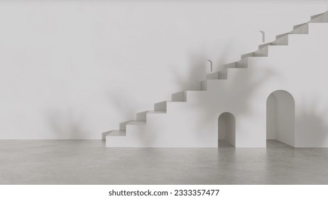 empty living room with big window, white object concrete floor, staircase in daylight stand, product support background concept, 3d rendering