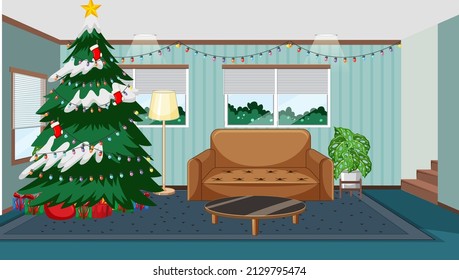 Empty living room with Christmas tree illustration