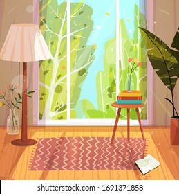 Empty living room cozy accommodation design, with big window and shadows, lamp shade, curtains, rug and books on the wooden floor. Vector artistic design.