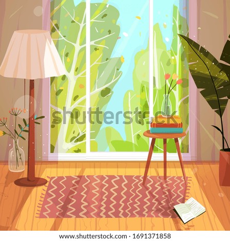 Empty living room cozy accommodation design, with big window and shadows, lamp shade, curtains, rug and books on the wooden floor. Vector artistic design.