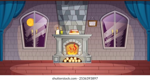 Empty Living Room with Cozy Fireplace, Moonlit Window View, Candles, and Wooden Floor in Stone Wall Interior Background Vector Illustration 