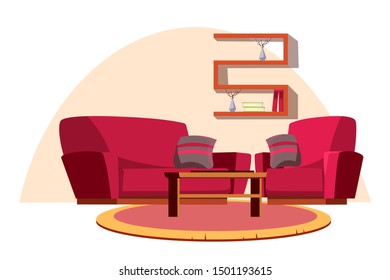Empty living room flat vector illustration. Cozy apartment with nobody inside. Home interior decor. House comfort, rest. Soft couch, shelves on wall, books and decorative houseplant