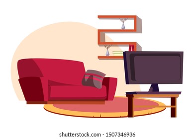 Empty living room flat vector illustration. Cozy apartment with nobody inside. Home interior decor. House comfort, rest. Soft couch and television with  books and decorative houseplant on shelves