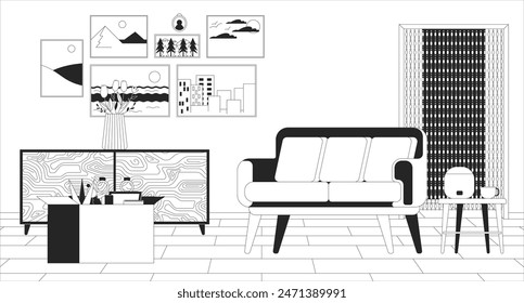 Ilustración de línea en blanco y negro. Contenedor del personal y sofá acogedor en el interior 2D del apartamento de fondo monocromo. Vida doméstica confort esquema escena Imagen de Vector