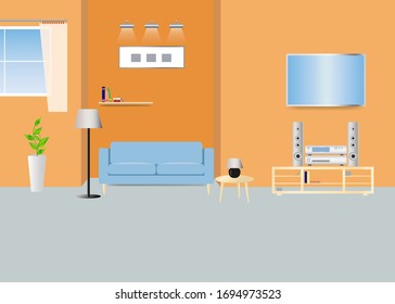 Empty living room with furniture and orange walls cooncept vector ready for your use. 