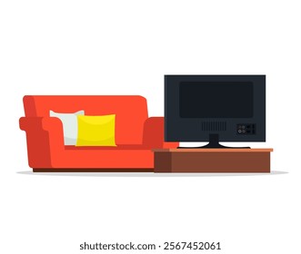 Empty living room home place with couch and tv isolated on white background. Vector stock