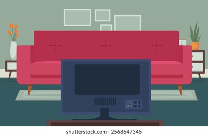 Empty living room home place with couch and tv. Vector stock