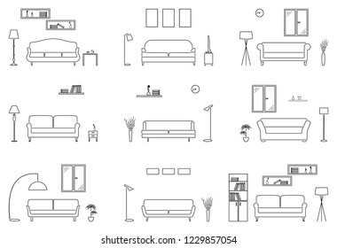 Empty Living Room Icon Set. Outline Furniture Silhouette Background