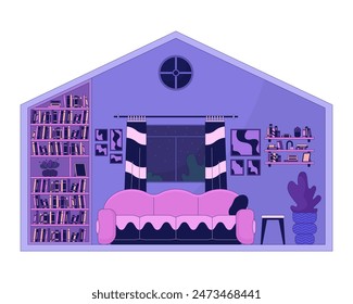 Empty living room of residential house 2D linear cartoon object. Comfortable apartment interior isolated line vector element white background. Lo fi domestic life color flat spot illustration