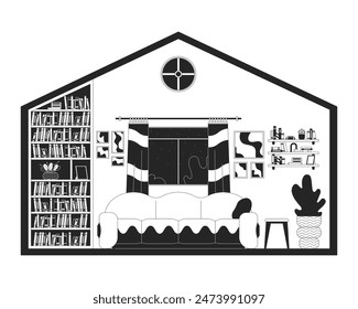 Empty living room of residential house black and white 2D line cartoon object. Comfortable apartment interior isolated vector outline item. Lo fi domestic life monochromatic flat spot illustration