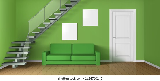 Empty living room with sofa, staircase and white closed door. Vector realistic modern interior of home hallway, office or studio with wooden floor, green walls, couch and blank posters