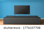 Empty living room with tv screen on wall and rear view to black sofa. Vector realistic interior of modern lounge room with couch, lcd television display on blue wall and wooden floor