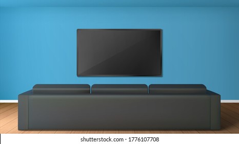 Sala de estar vacía con pantalla de tv en la pared y vista trasera al sofá negro. Interior vectorial realista en un salón moderno con sofá, pantalla de televisión lcd en la pared azul y suelo de madera