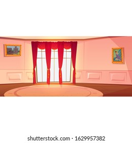 Empty Living Room Without Furniture, Cartoon Vector Illustration. Empty Oval Office With Round Carpet On Floor, Framed Paintings On Walls And Red Curtains On Window, Background