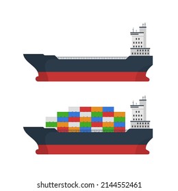 Empty and loaded cargo ship with containers isolated on white. Freight transport with container ship. Import and export maritime logistic service. International delivery concept. Vector illustration