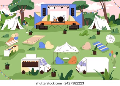 Empty location prepared for music open air festival for weekends. Vector stage with lights and instruments, food trucks and tents for people to stay, rest and lounge zone for visitors and guests