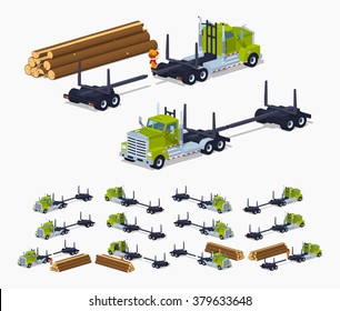 Empty log truck. 3D lowpoly isometric vector illustration. The set of objects isolated against the white background and shown from different sides